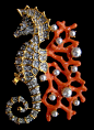 FABULOUS FACETS Vintage Jewelry Collection KJL Diamond and Coral Seahorse Brooch
