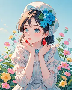 女孩头戴蓝色花朵头饰身着浅色衣物耳朵