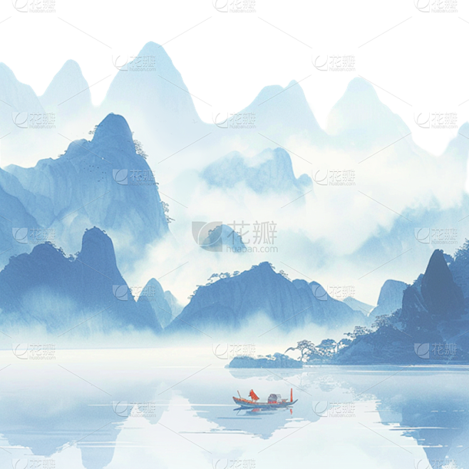 中国风通用蓝色水墨山水组合元素素材