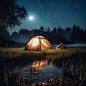 Exquisite camping, camping equipment, rainy days, lakes, grasslands, small animals, fireflies everywhere, real nature, very detailed, professional photos, 8k photo, 50mm