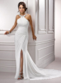 Gossamer Chiffon asymmetrically pleated jeweled halter wedding dress with corset back closure