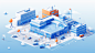 a banner, a building, a 3d isometric image of blue school, 9-year-olds Chinese Childrens, Chinese Primary School. an athletic field. The background is white. blue icons and blue city streets, in the style of dan matutina, light white and light orange, min