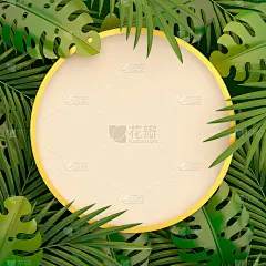 热带绿色的棕榈叶，monstera横幅，模板与圆形白金框，邀请卡设计，夏季背景，复制空间文本区，3D