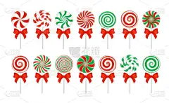 带红弓的矢量糖手杖。 大盘红绿糖果,白糖无包装.