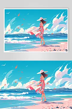 AI数字艺术扁平风夏季海边旅行人物插画
