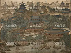 古代宫殿  - 源文件下载【酷图网】国画,中国画,工笔画,宫殿,皇宫,园林,护城河,船只,高清,壁纸