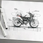 Industrial design sketch of a cafe racer style motorcycle. Drawn with Copic markers and prismacolor pencils.