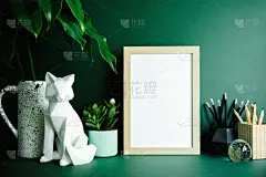 现代,书桌,绿色,木制,狐狸,边框,小雕像,室内,高雅
