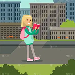 可爱的金发女孩背包行走和阅读的城市背景矢量插图