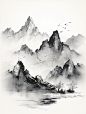 极简主义山水插图，水墨山脉清晰黑白
