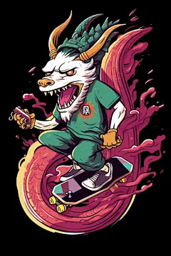 酷炫潮流卡通龙年滑板形象插画图片