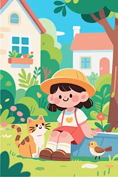 女孩与猫咪小鸟插画