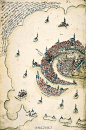 【16世纪的航海书】图为奥斯曼海军上将和制图师皮里雷斯在其16世纪标识航行方向的航海书里的插图。图1为威尼斯，图2为埃及，图3为kitab-i barriye港，图4为世界地图。链接里还有电子书可以查看O网页链接