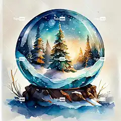 水彩 绘画 树 树木 森林 松树 雪 地球 雪世界 日落