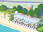 Visitor map for a hotel resort in Barbados : I was commissioned to create a new visitor map for the Fairmont Royal Pavilion resort in Barbados. Looking north-east across the resort from the direction of the sea, the brief required that the reception area,