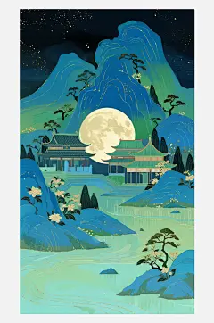 国潮中国风古风节气中秋山水插画