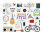Hipster infographics elements and labels. scooter and player, tube and plate, guitar and tape, watches and  bicycle.