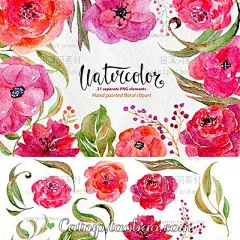 cm225浪漫红色山茶花朵树叶婚礼生日贺卡请柬手绘水彩PNG免扣素材-淘宝网