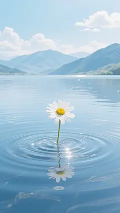 一幅宁静致远的风景插画，以淡蓝色和白色为主色调，柔和而均匀的自然光从上方洒下，水面呈现出细腻的波纹和清晰的光影反射效果，一朵白色花瓣、黄色花蕊的雏菊亭亭玉立地漂浮在水面中央，周围荡漾着层层涟漪，背景是连绵起伏的淡蓝色山脉和飘着几朵白云的浅蓝色天空，整体画面采用写实风格，光影过渡自然，色彩和谐统一，营造出静谧、清新、平和的氛围。