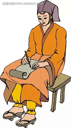 手绘坐着写字的古代日本男子插画|卡通画|矢量素材|手绘|写字|古代日本人物|古代日本建筑|古代日本|古代宋朝男子服饰图