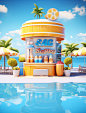 a soda stand on the beach and pool, in the style of rendered in cinema4d, movie poster, asymmetric compositions, bright luster, wimmelbilder, playful compositions