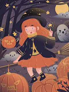 少女卡通高端创意手绘风万圣节插画
