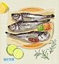 餐饮美食水产带鱼虾子生蚝章鱼螃蟹海鲜海报手绘插画PSD设计素材