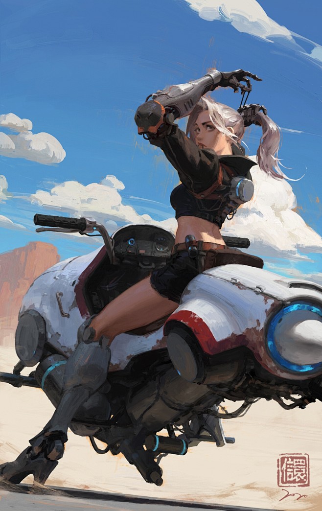 摩托车 性感美女 手绘手机壁纸