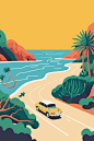 汽车旅游海岸风景插画矢量图设计素材