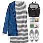 A fashion look from May 2015 featuring white high neck dress, blue coat and grey shoes. Browse and shop related looks.