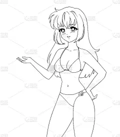 可爱的动漫女孩穿着泳衣比基尼孤立在白色的背景。