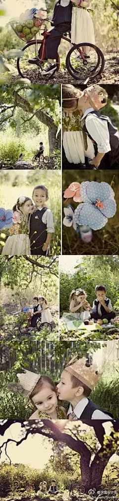 这是我见过的最最可爱的一组摄影作品，无比的甜美和有趣。相片中的主角分别是4岁的小帅哥Zeke和三岁的小美女Gracie，撮合两个小家伙在一起照相的摄影师也不是外人，正是小Gracie的妈妈。那漂亮的纸花、可爱的童车和绿油油的背景真有一点烂漫的童话色彩呢
