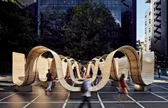 Upcycled Scaffolding Planks Form Functional Ribbons of Steel and Wood in London's Broadgate Neighborhood : As part of the 2019 London Design Festival, Paul Cocksedge’s 'Please Be Seated' has taken over Finsbury Avenue Square in the city's Broadgate neighb
