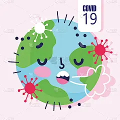 病毒covid - 19大流行，卡通世界咳嗽被感染