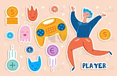 电子游戏人物。男子选手用操纵杆跳跃。积极的情绪。Emoji的脸不一样飞币。电脑游戏，流，博客。平面手