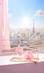 a pink box with flowers in it, white curtains，in the style of grandiose cityscape views, the Eiffel Tower in the city, sun halo in the foreground,anime inspired, glass as material, soft and dreamy atmosphere, spectacular backdrops, playful details, spatia