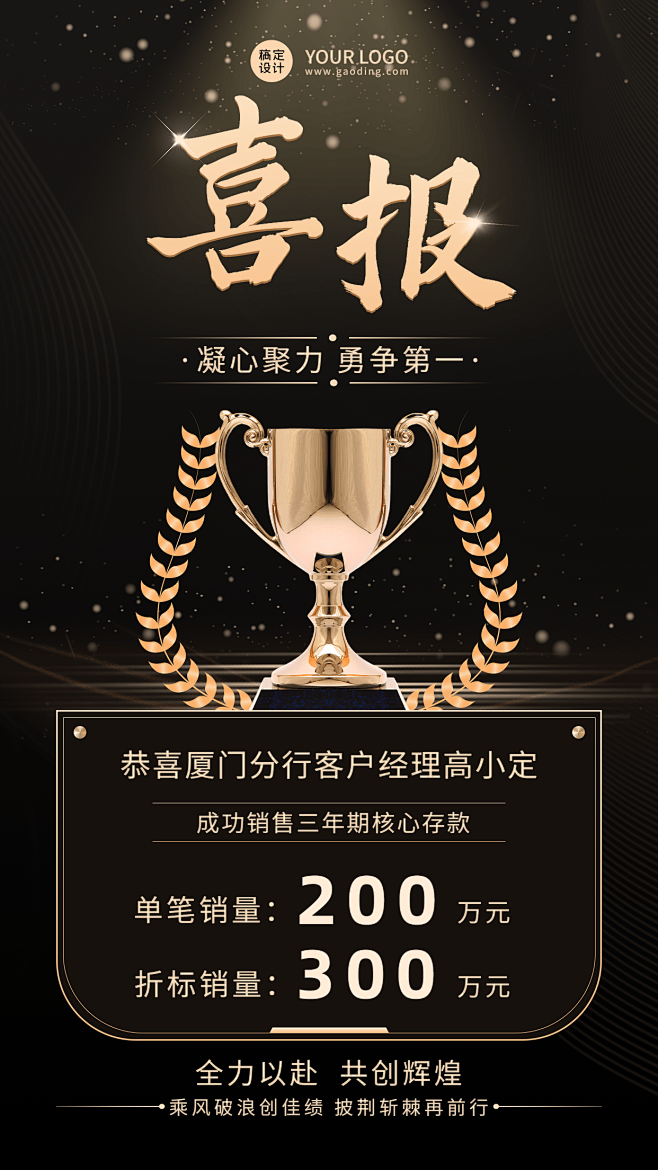 金融保险银行业绩表彰喜报贺报黑金奢华风手...