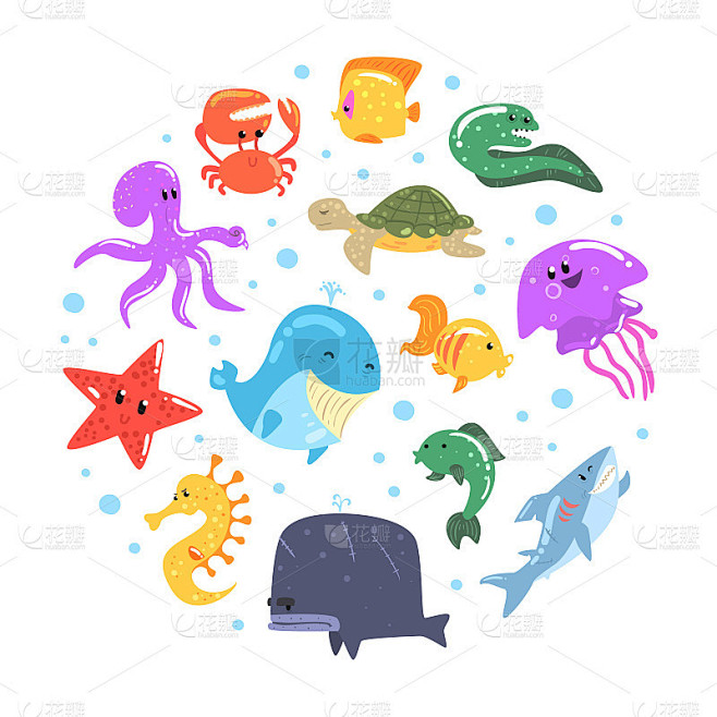 采购产品圆形的海洋动物，水下世界旗帜，海...