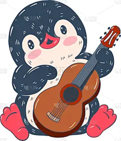 企鹅,可爱的,野生动物,雪,小的,动物,儿童,吉他,问候,绘制