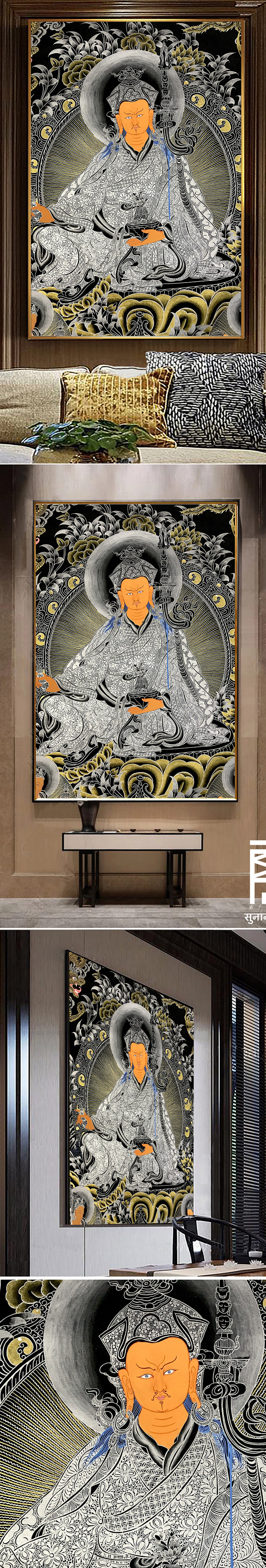 高清手绘唐卡莲花生大士装饰无框画