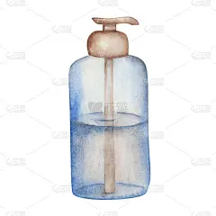 水彩插画手绘满玻璃瓶与透明液体隔离在白色。蓝色塑料瓶模板模型与凝胶，肥皂，洗液，洗发水。洗手液清洁手