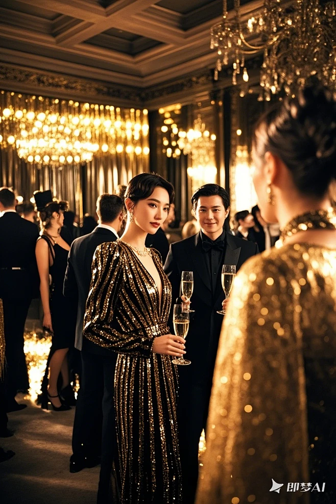 黑色与金色的晚宴，高档奢华的晚宴，黑金风格，高端人士，金色礼服，很多人喝着香槟，大场景，背影(2)-花瓣网