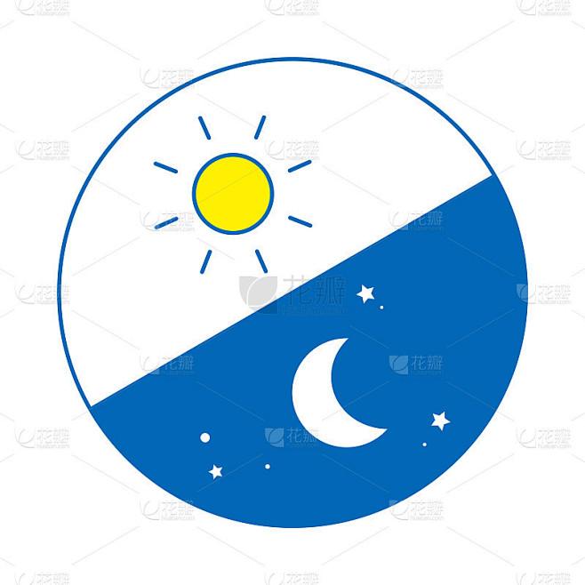 早晨和晚上的图像圆形图标。从左上角开始，早上和晚上(线条艺术，蓝色)