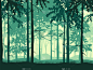 森林背景，树木的轮廓。神奇的迷蒙的风景。蓝色和绿色插图. 