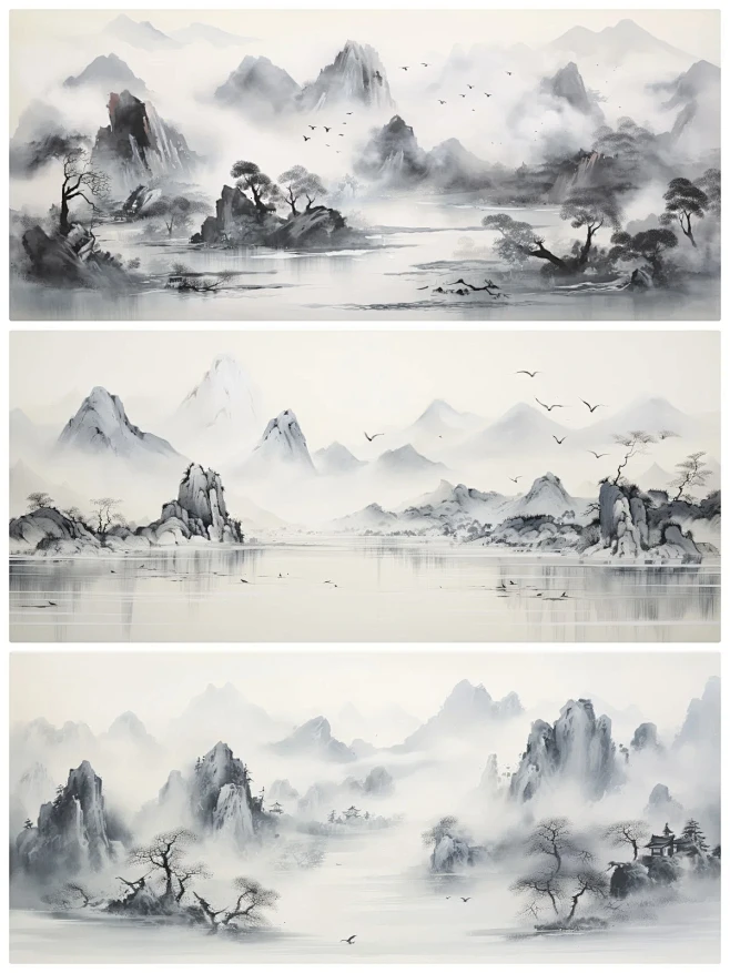 东方美学-水墨山水|国风山水风景背景插画