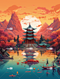 中国艺术，中国人庆祝他们的国庆，杭州西湖，使用迷幻的配色方案