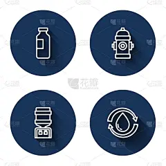 设有瓶装水、消火栓、冷却器，循环使用有长影子的清水。蓝色圆按钮。向量