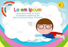 超级英雄小孩的背景。广告宣传册模板，你的文字。可爱的小超级英雄儿童。孩子和框架，孩子和框架。向量