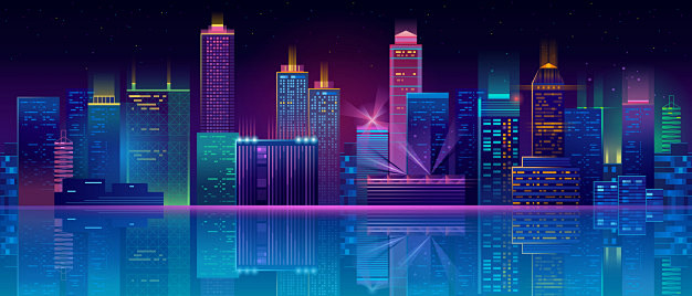 赛博朋克风格科幻城市夜景风景插画矢量图素...