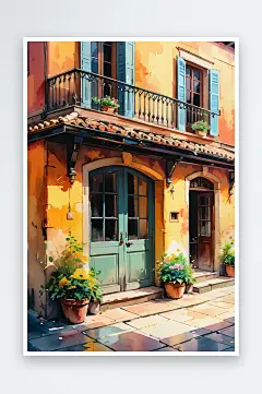 手绘油画老房子四合院插画-众图网